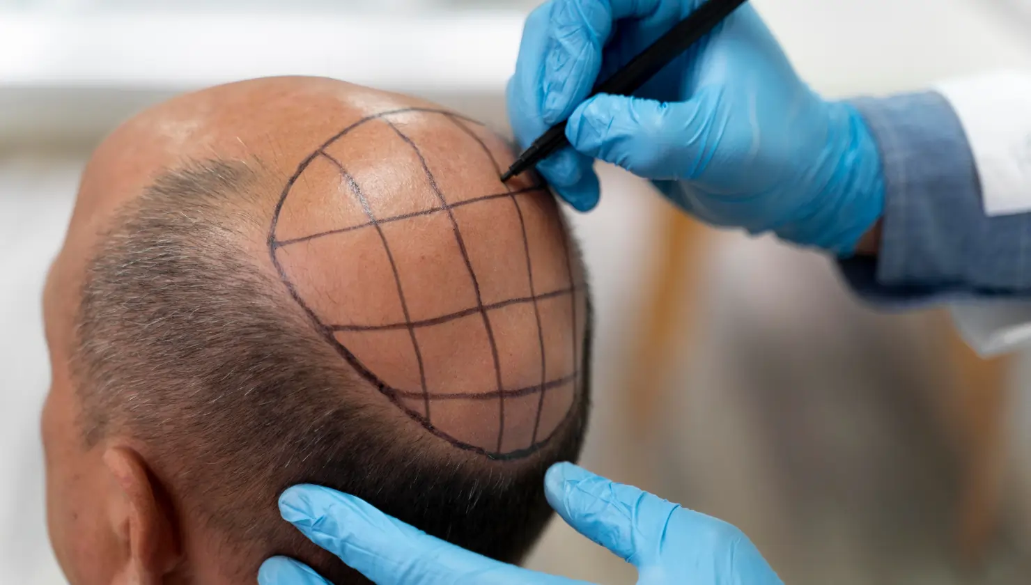 Doctor marking grid lines on a man's scalp during a hair loss treatment assessment.